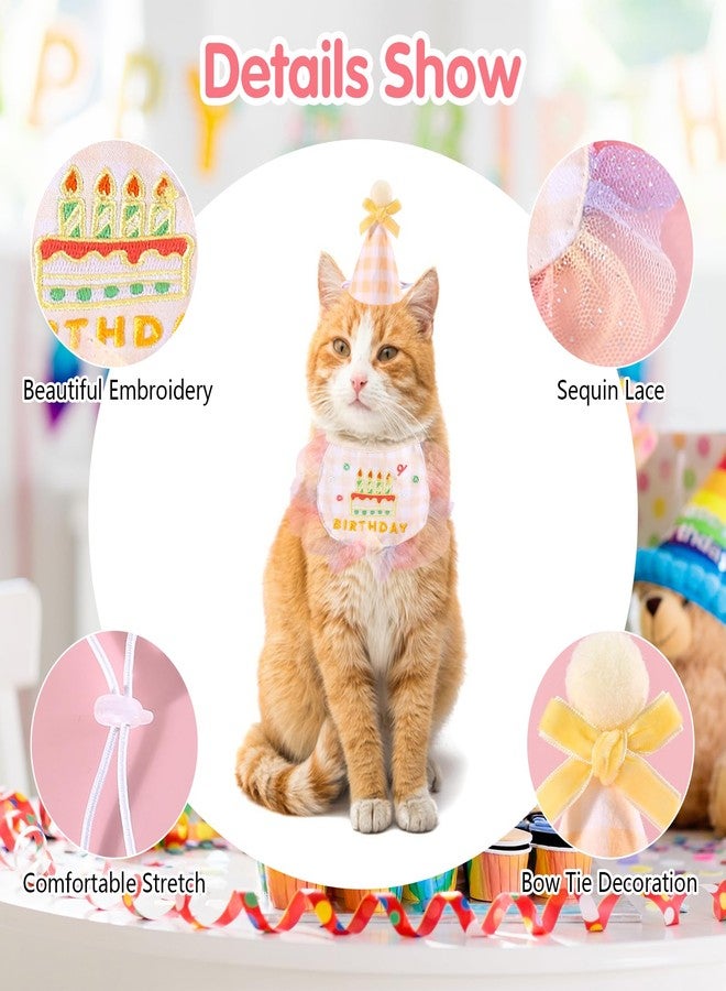 Kunyeah 2Pcs Pet Happy Birthday Hat Scarf Set - Cute Embroidered Cat Bandana Outfit - Cat Plaid Pattern Princess Costumes - Dog Lace Bib - Pet Party Supplies Decoration (Yellow) - Image 2
